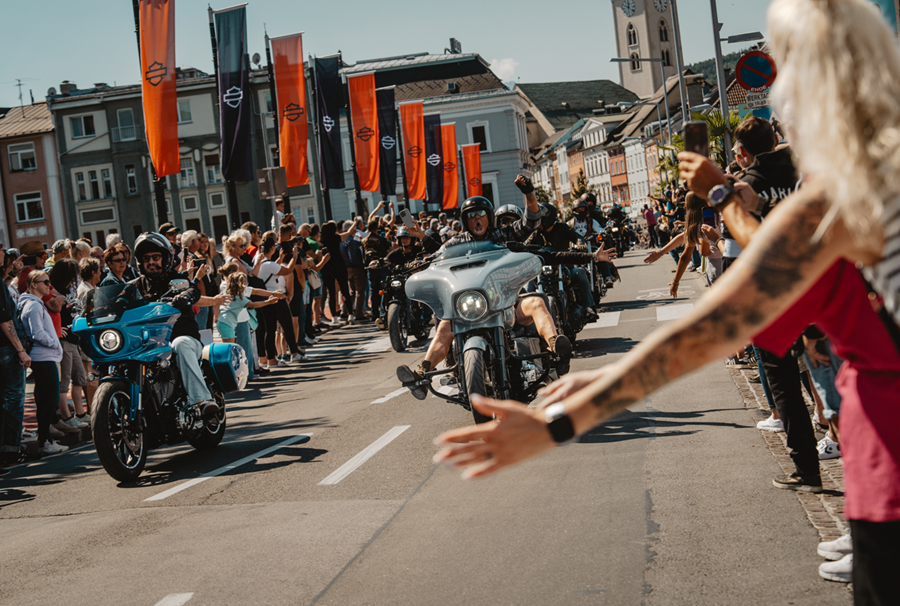 Harley-Davidson bikes riding at the European Bike Week