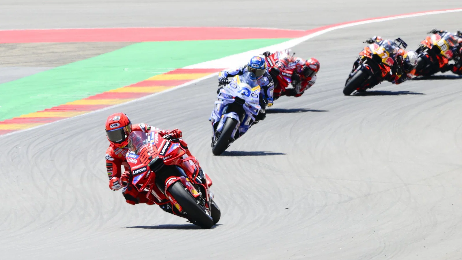 Marc Marquez leading the 2025 Aragon MotoGP. Credit: Gold and Goose.