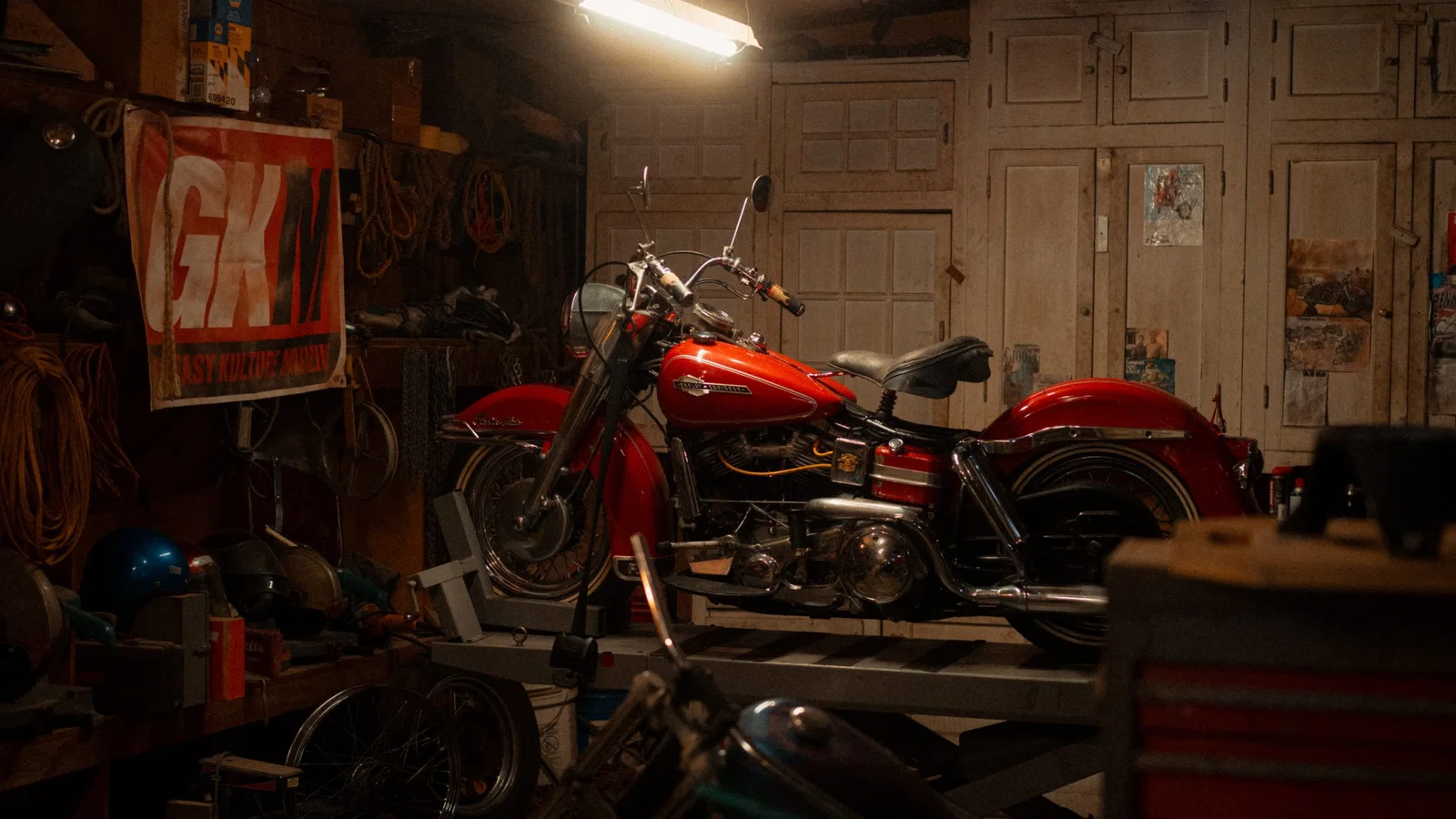 A Harley-Davidson Pan Head on a bike ramp