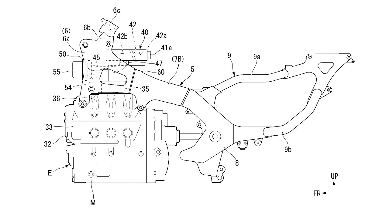 Ein Honda Gold Wing Rahmen und Motor mit eingebautem E-Kompressor