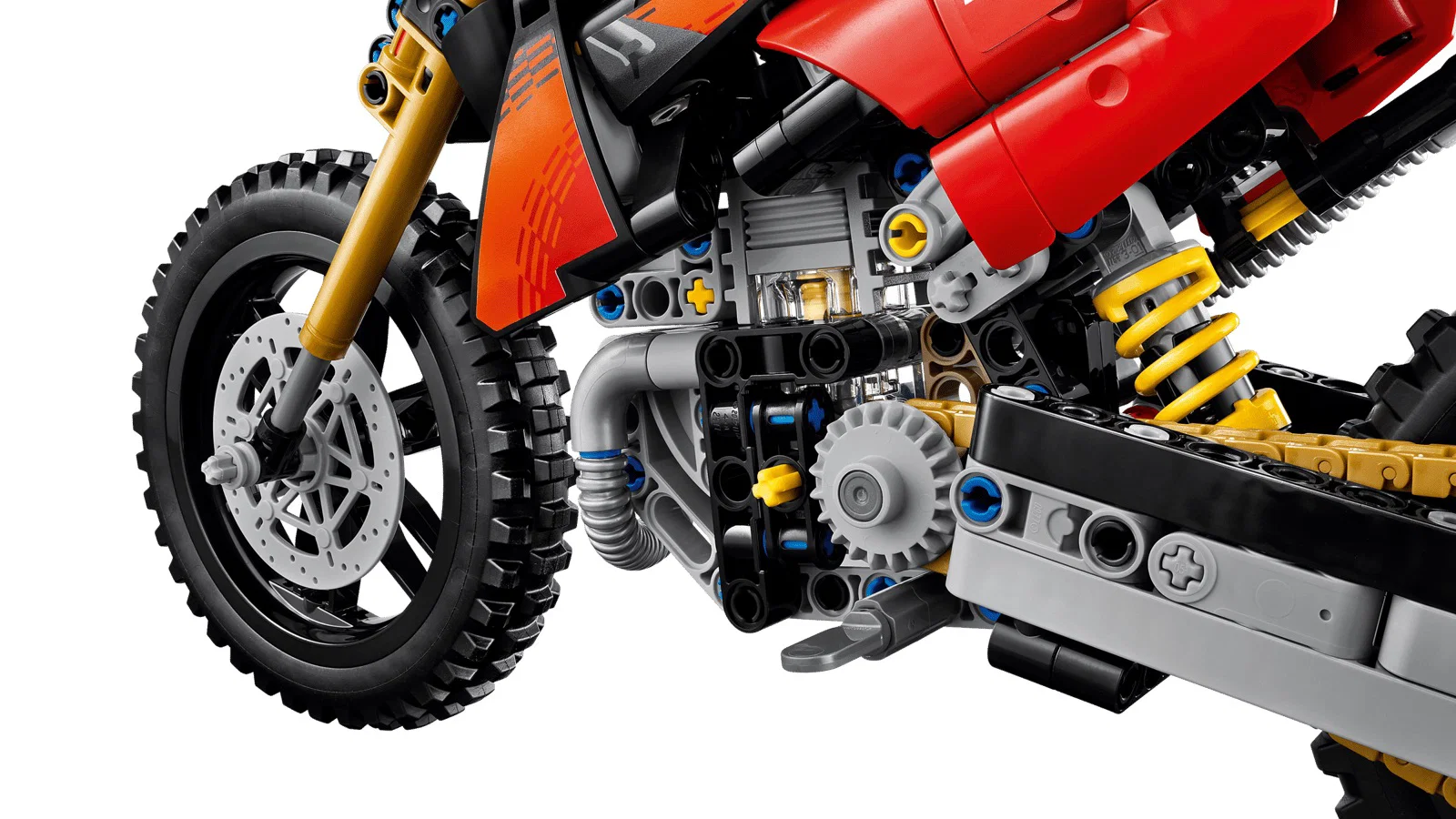 Eine Lego Technic Ducati Desmo450 MX mit Motordetails