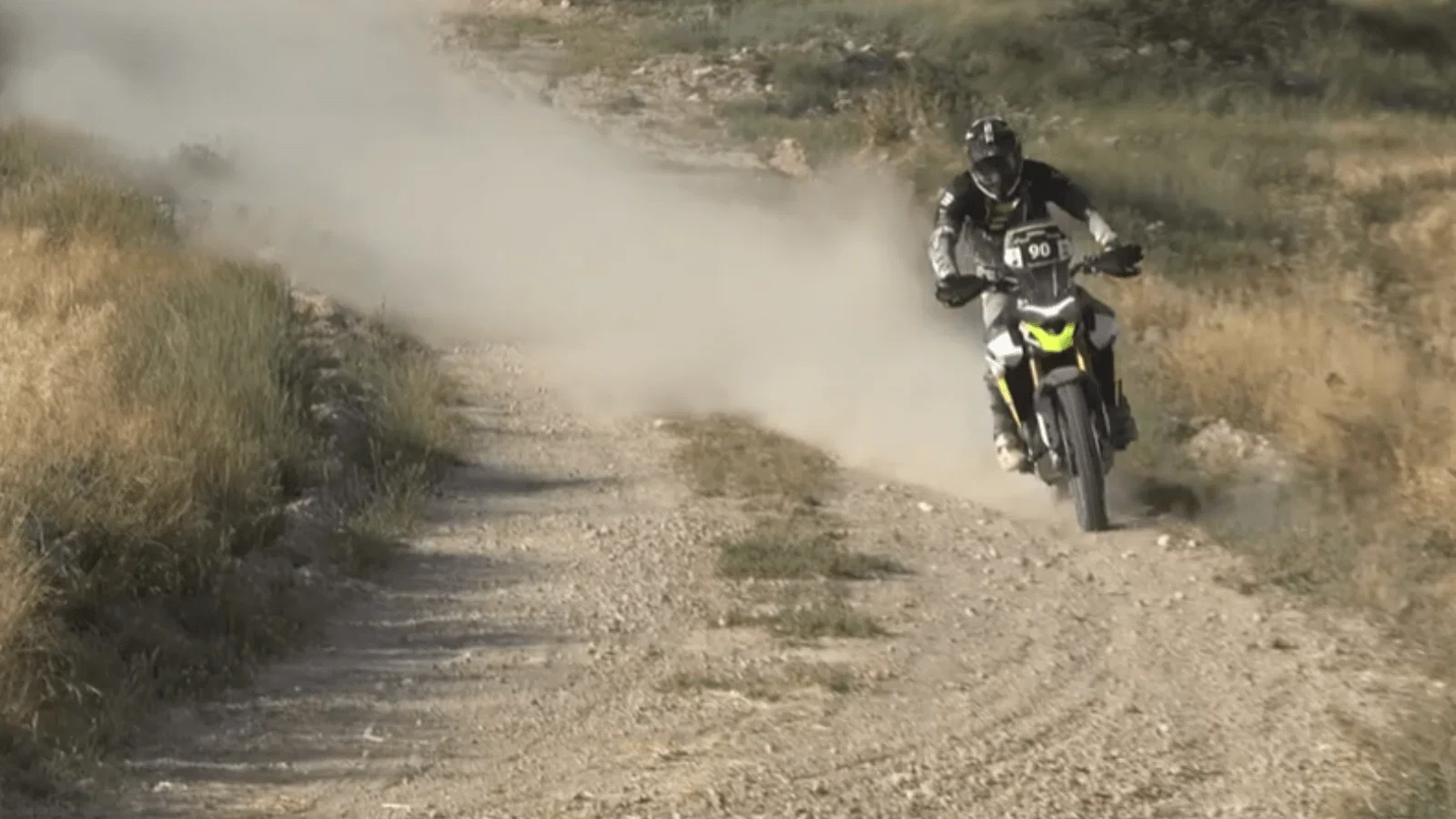 A motorcycle racing at the Baja Espana-Aragon rally.