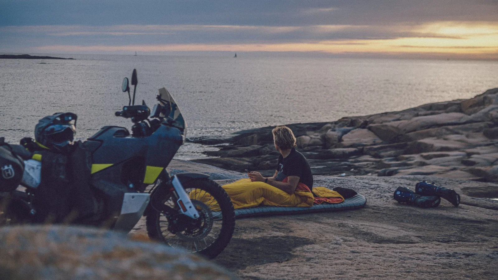 an adventure bike by the sea