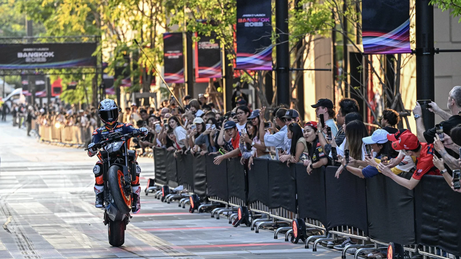 Pedro Acosta rides through the streets of Bangkok as part of the 2025 MotoGP season launch.