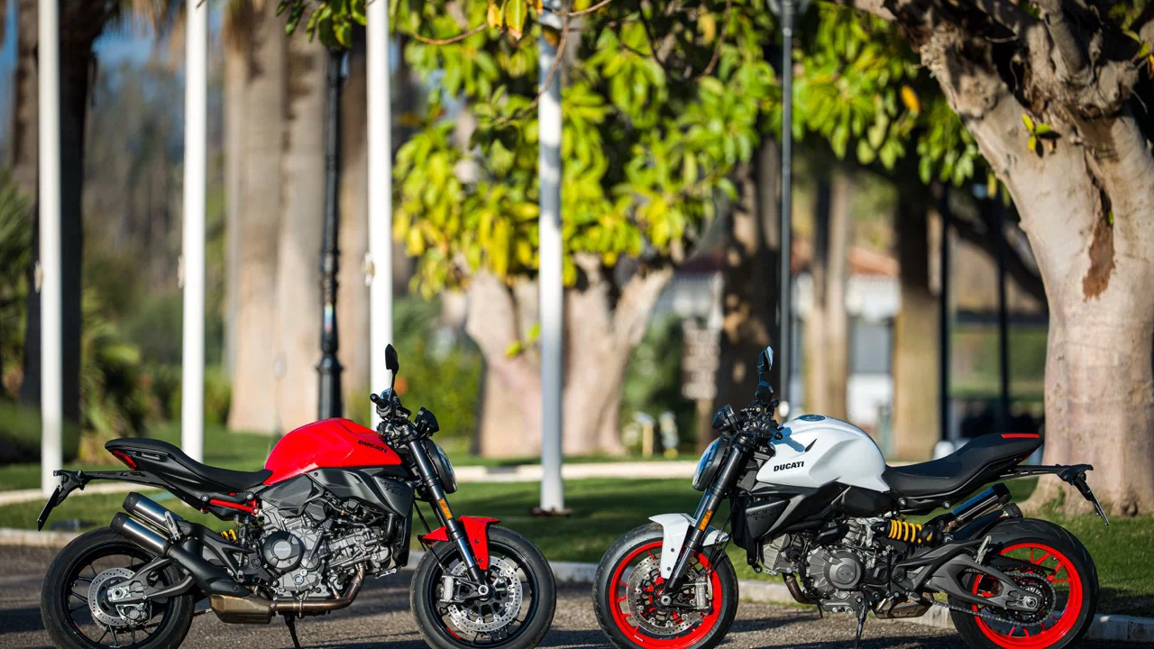 The 2026 Ducati Monster wearing two different colours as part of its launch.